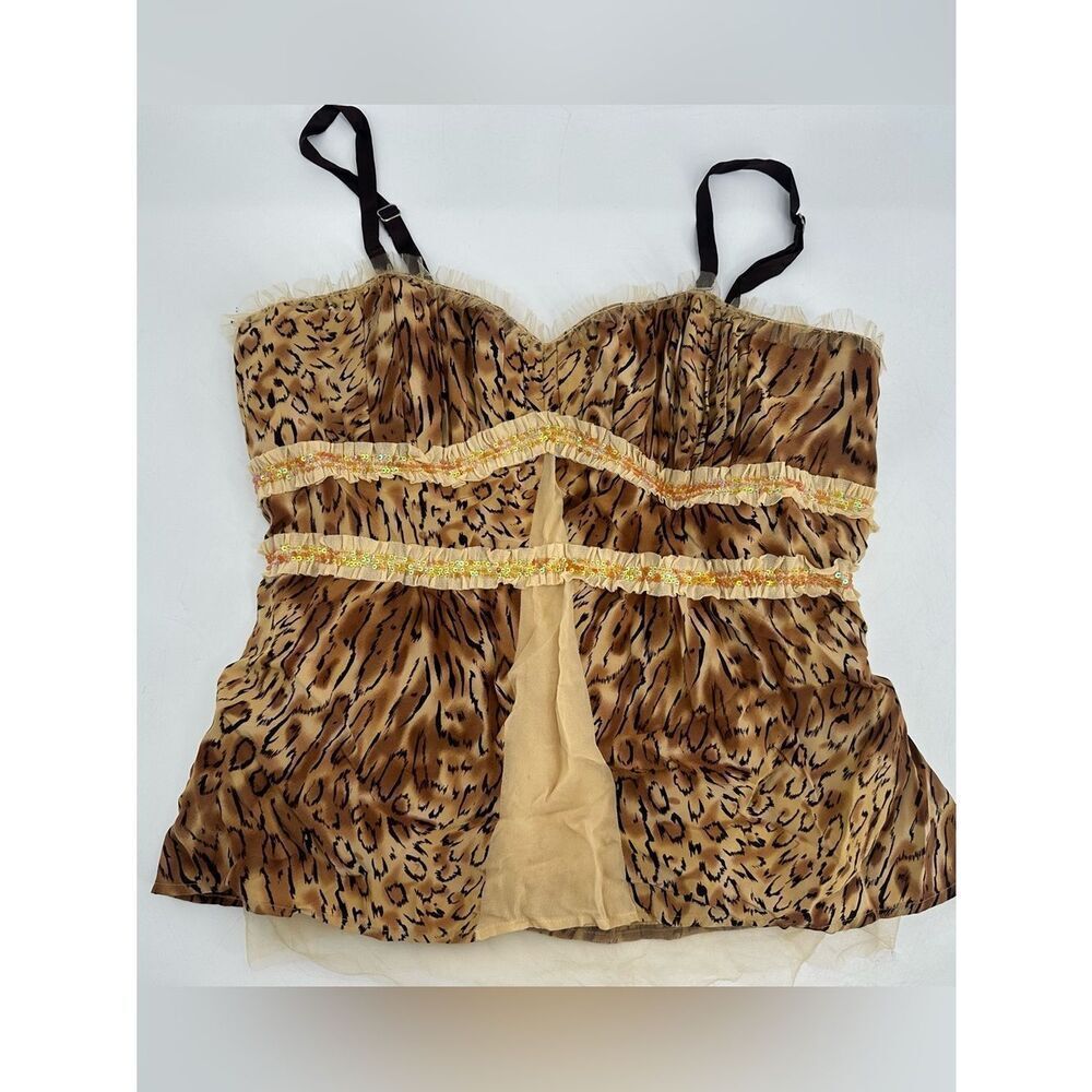 Susan Lucci Y2K Silk Animal Print Corset Top Size 8 Bustier Sequin Trim